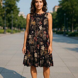 Floral Soft Pleated Babydoll Brown Sleeveless Dress Ladies Small Bloomcore